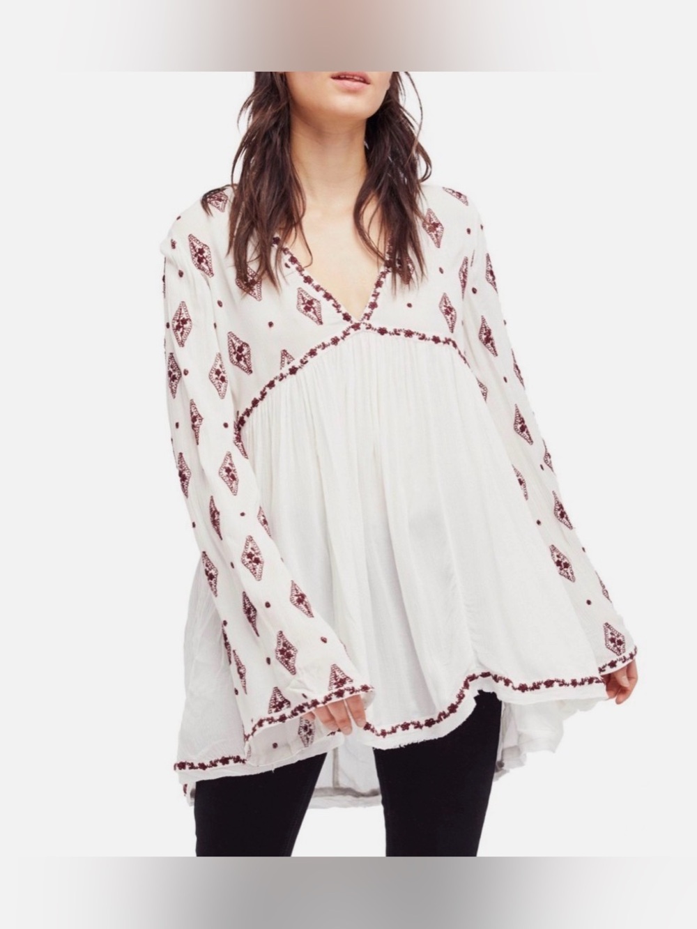 Free People White Tunic with Burgundy Diamond Embroidery